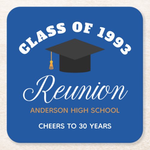 Blue Gold High School Reunion Personalized Party Square Paper Coaster
