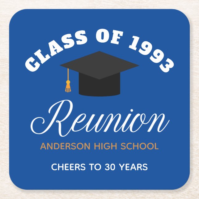 Blue Gold High School Reunion Personalized Party Square Paper Coaster (Front)