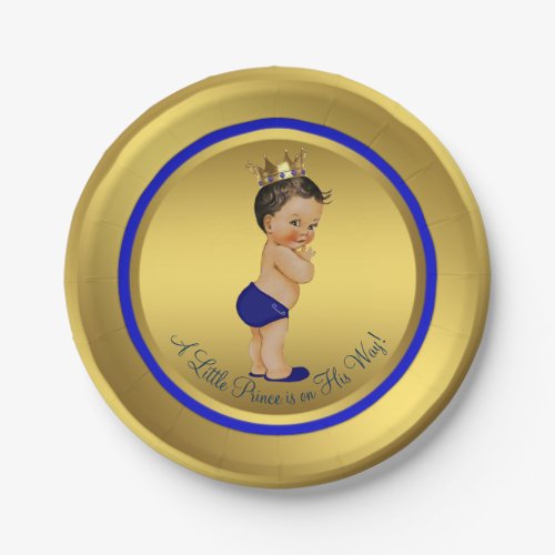 Blue Gold Hispanic Ethnic Prince Baby Shower Paper Plates