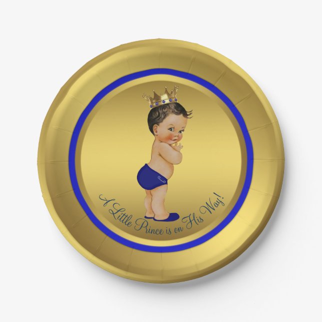 Blue Gold Hispanic Ethnic Prince Baby Shower Paper Plates (Front)