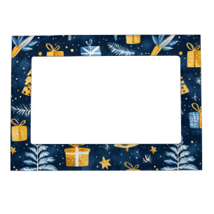 BLUE & GOLD HOLIDAY CHRISTMAS TREES & GIFTS MAGNETIC FRAME