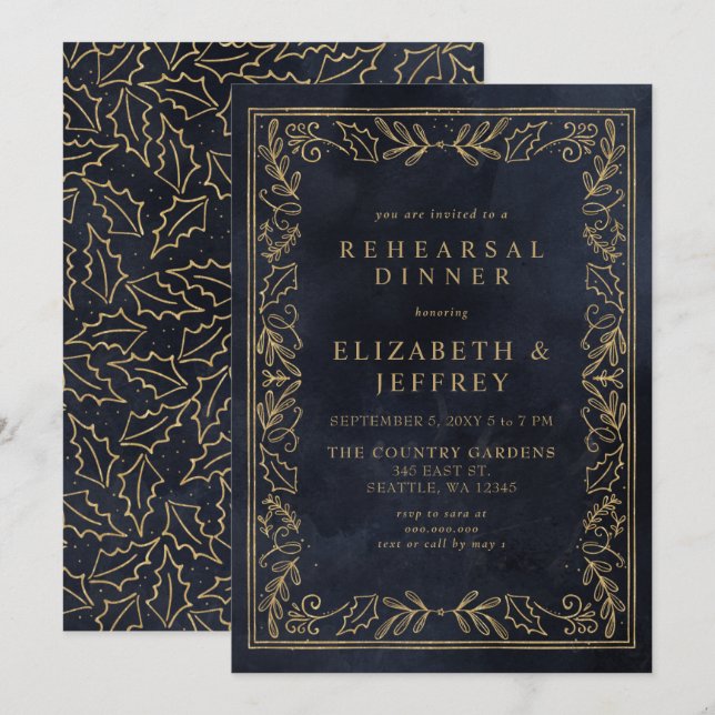 Blue Gold Holly Christmas Rehearsal Dinner  Invitation (Front/Back)