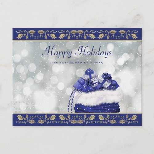 Blue Gold Holly Snowy Christmas Holiday