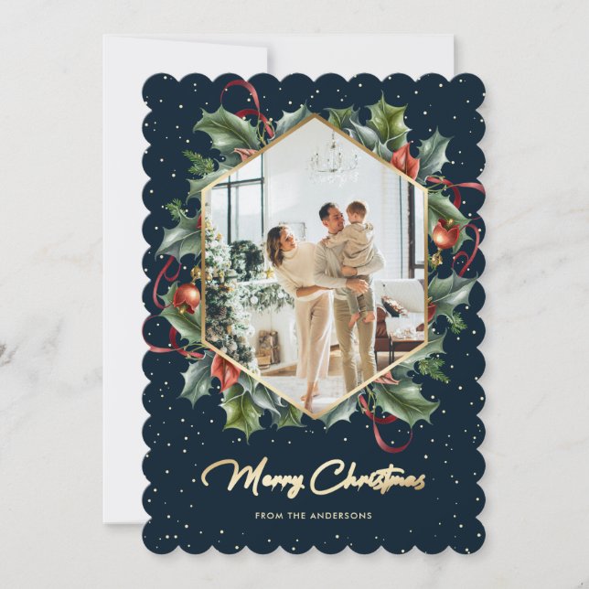 Blue Gold Holly Wreath Photo Merry Christmas Card (Front)