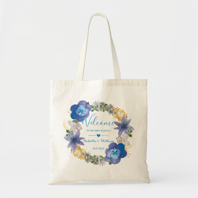 Blue Gold Hydrangeas Floral Wedding Favour Tote Bag (Front)