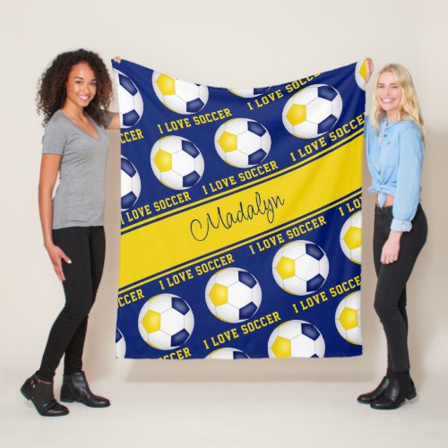 blue gold I love soccer text pattern girls Fleece Blanket