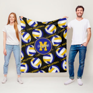 blue gold I love volleyball text girls sports room Fleece Blanket