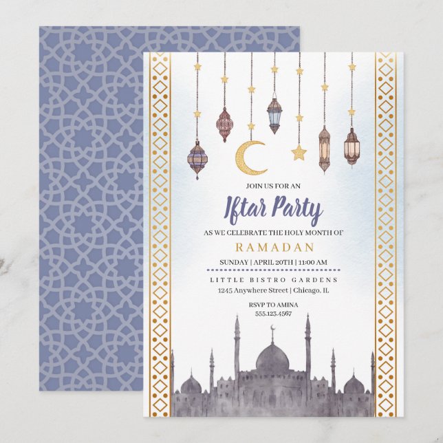 Blue Gold Iftar Party Ramadan Dinner Invitation (Front/Back)