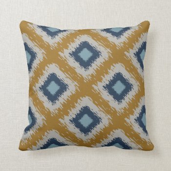 Blue Gold Ikat Pattern Tribal Diamond Editable Throw Pillow by red_dress at Zazzle