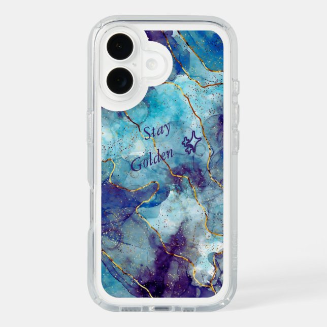 Blue Gold Illustrated Marble iPhone 16 Case (Front)