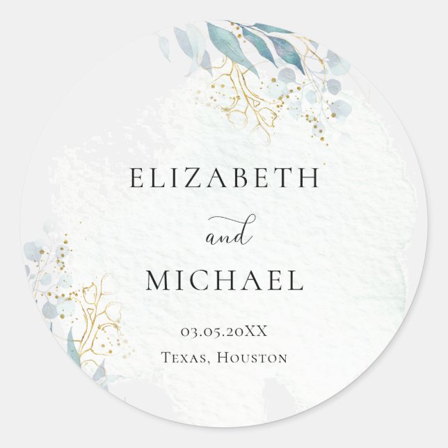 Blue Gold( Imitate ) Watercolor Wedding Collection Classic Round Sticker (Front)
