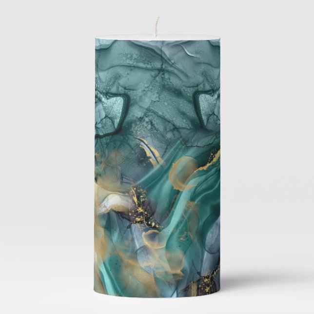Blue gold ink abstract pillar candle (Front)