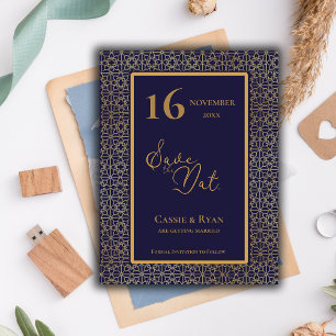 Blue Gold Intricate Design Wedding Save the Date Postcard