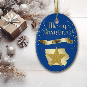 Blue Gold Iowa Star Ceramic Ornament