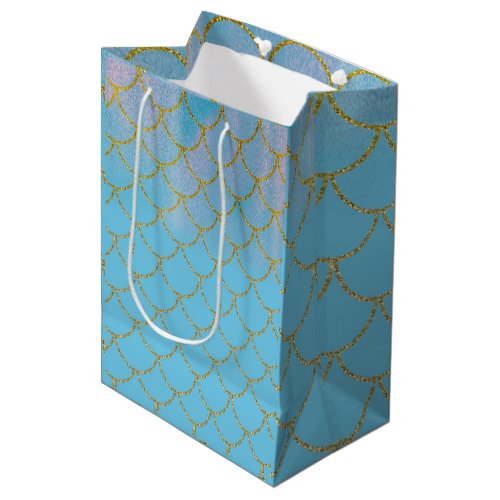 Blue  Gold Iridescent Shimmer Mermaid Party Medium Gift Bag