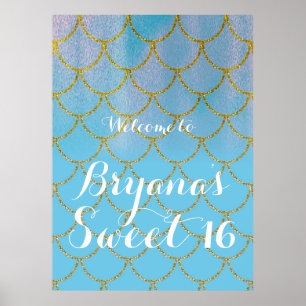 Blue & Gold Iridescent Shimmer Mermaid Party Poster