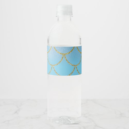 Blue  Gold Iridescent Shimmer Mermaid Party Water Bottle Label