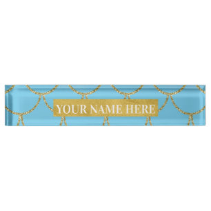 Blue & Gold Iridescent Shimmer Mermaid Scales Desk Name Plate