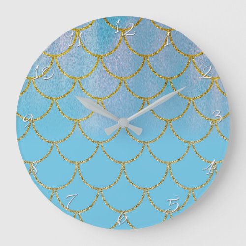 Blue  Gold Iridescent Shimmer Mermaid Scales Large Clock