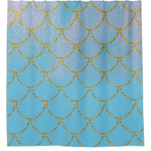 Blue  Gold Iridescent Shimmer Mermaid Scales Shower Curtain