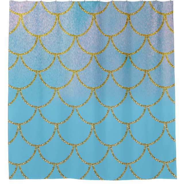 Blue & Gold Iridescent Shimmer Mermaid Scales Shower Curtain (Front)
