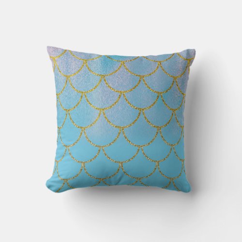 Blue  Gold Iridescent Shimmer Mermaid Scales Throw Pillow