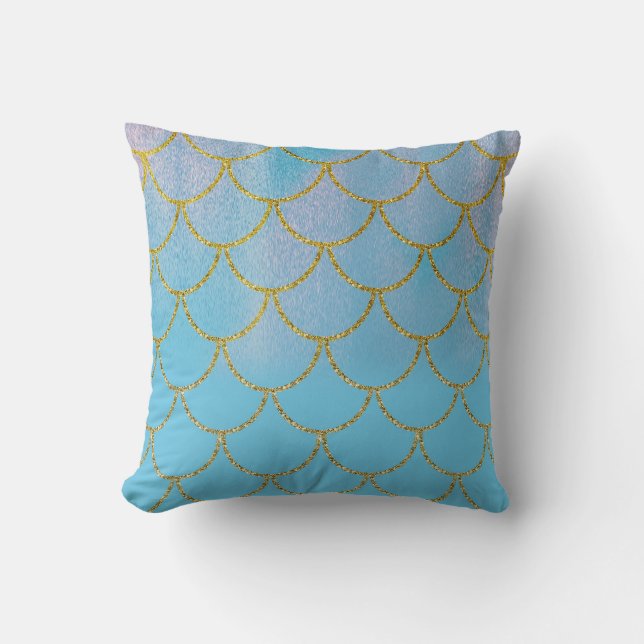 Blue & Gold Iridescent Shimmer Mermaid Scales Throw Pillow (Front)