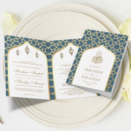 Blue Gold Islamic Pattern QR Code Muslim Wedding Invitation