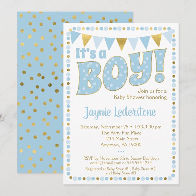 Blue Gold It's A Boy Baby Shower Invitation Dots (Front/Back)