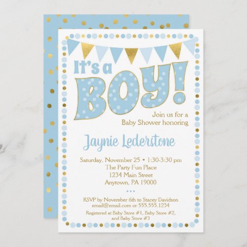 Blue Gold Its A Boy Baby Shower Invitation Dots