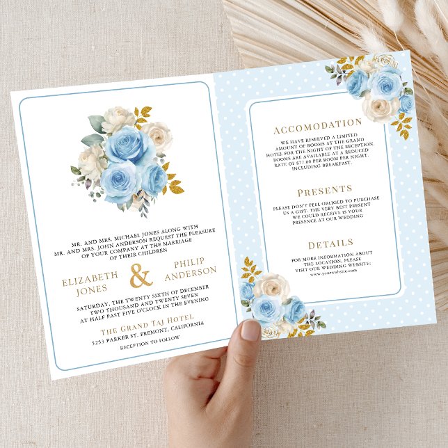 Blue Gold Ivory Floral Roses All in One Wedding Invitation (Creator Uploaded)