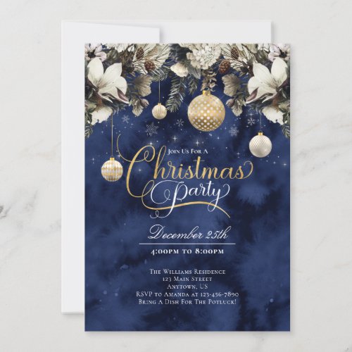 Blue Gold Ivory Flowers Christmas Party Invitation