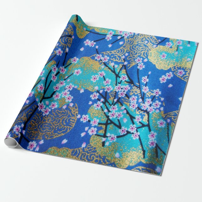 Blue Gold Japanese Cherry Blossom Decoupage  Wrapping Paper (Unrolled)