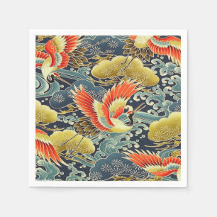 Blue Gold Japanese Kimono Bird Decoupage Paper Napkins