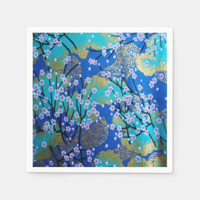 Blue Gold Japanese Kimono Floral Decoupage Paper Napkins (Front)