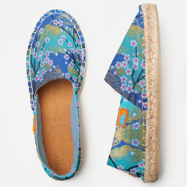  Blue Gold Japanese Kimono Floral Flower Womens Espadrilles (Side)