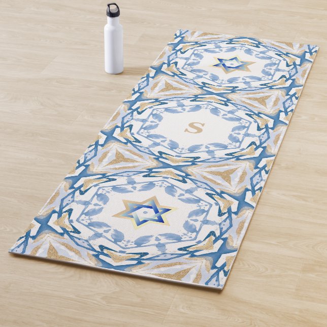 Blue & Gold Jewish Star of David Watercolor Yoga Mat (In Situ)