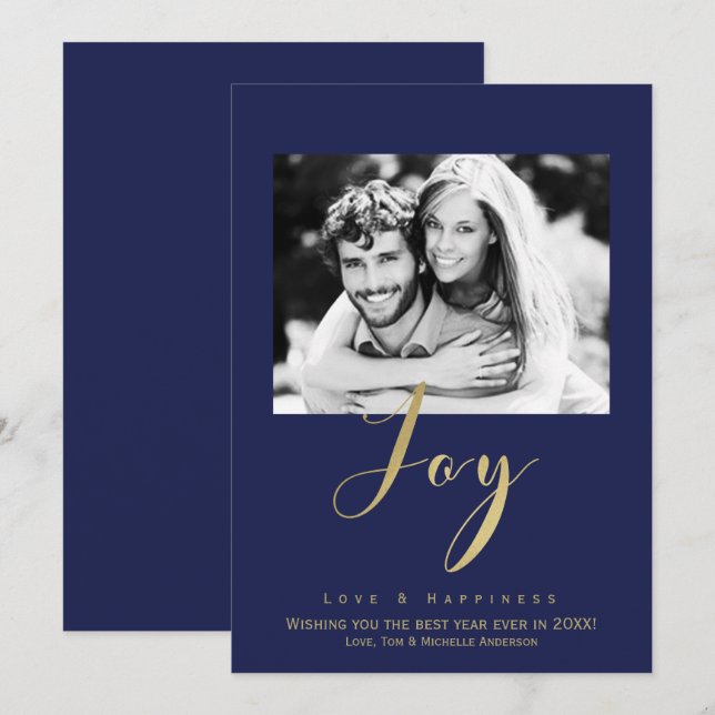 Blue & Gold JOY Holiday New Years Photo Invitation (Front/Back)