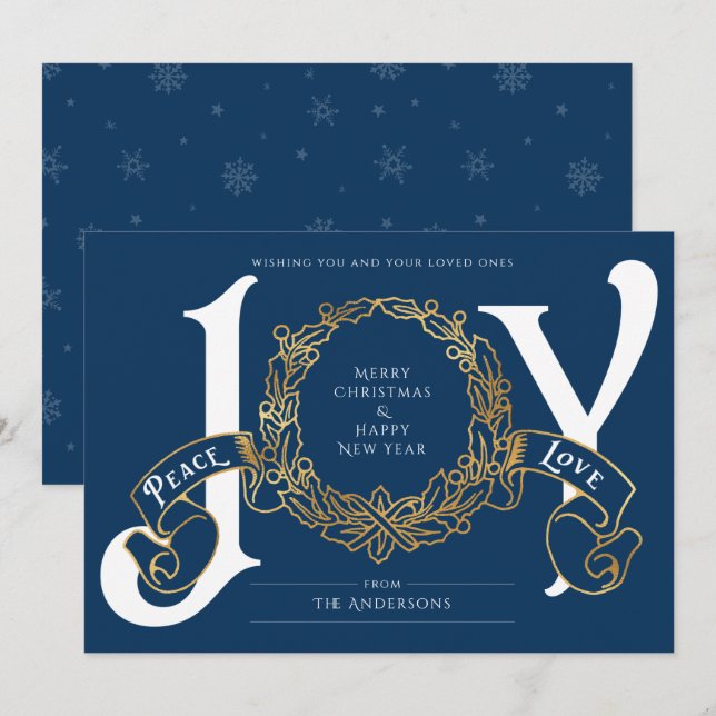 Blue Gold Joy Peace Love Custom Christmas Card (Front/Back)