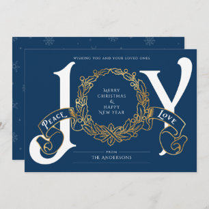 Blue Gold Joy Peace Love Custom Christmas Card