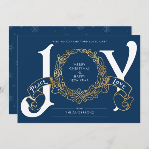 Blue Gold Joy Peace Love Custom Christmas Card