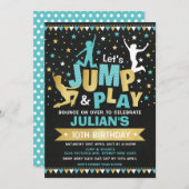 Blue Gold Jump & Bounce Trampoline Birthday Party Invitation (Front/Back)