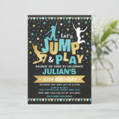 Blue Gold Jump & Bounce Trampoline Birthday Party Invitation (Standing Front)