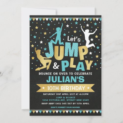 Blue Gold Jump  Bounce Trampoline Birthday Party Invitation