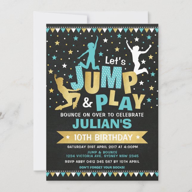 Blue Gold Jump & Bounce Trampoline Birthday Party Invitation (Front)