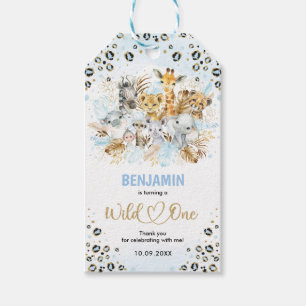 Blue Gold Jungle Animals Wild One Boy 1st Birthday Gift Tags