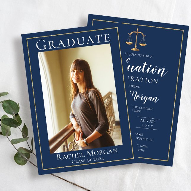 Blue Gold Justice Law School  Graduation Photo Invitation (Creator Uploaded)