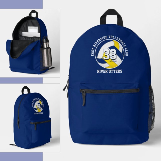 blue gold kids teens volleyball team colors printed backpack (Custom team colors backpack for volleyball athlete - 3 views: front, angled side & angled open)