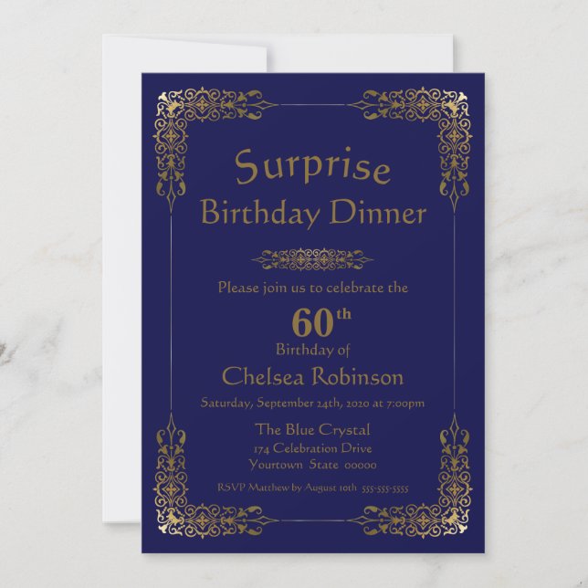 Blue Gold Lace Surprise 60th Birthday Dinner Invitation (Front)