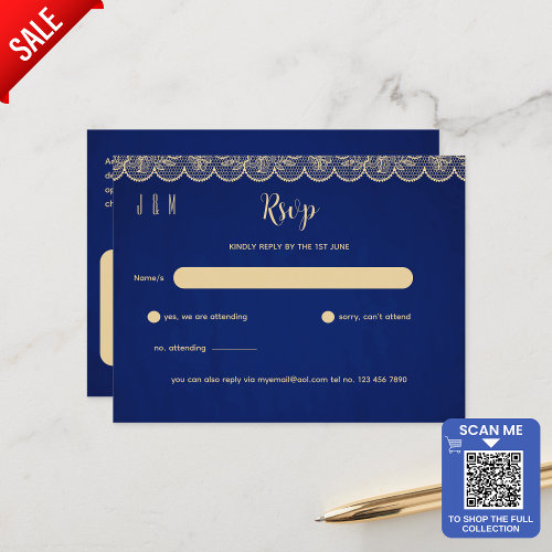 Blue Gold Lace Wedding RSVP For Matching Inv Postcard